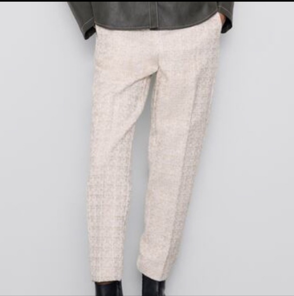 Zara Cream Textured Tweed Straight Leg Dress Pants Trousers Careerwear